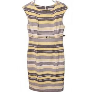 Calvin Klein Women's Yellow & Gray Striped Sheath‎ Dress with Belt Size 6